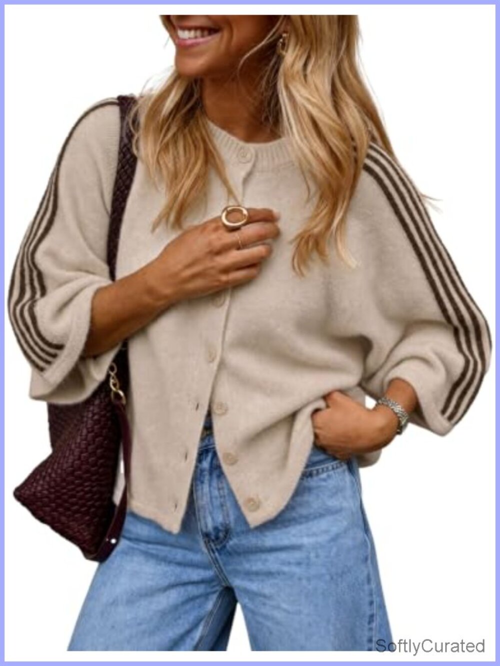 Oversized Striped Cardigan 3/4 Sleeve Button Front Knit Sweater